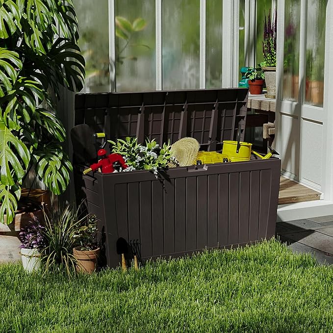 71 Gallon Resin Deck Box，Outdoor Storage Box, Waterproof Lockable Large Storage Bench for Patio Furniture, Pool Accessories & Garden Tools, Brown
