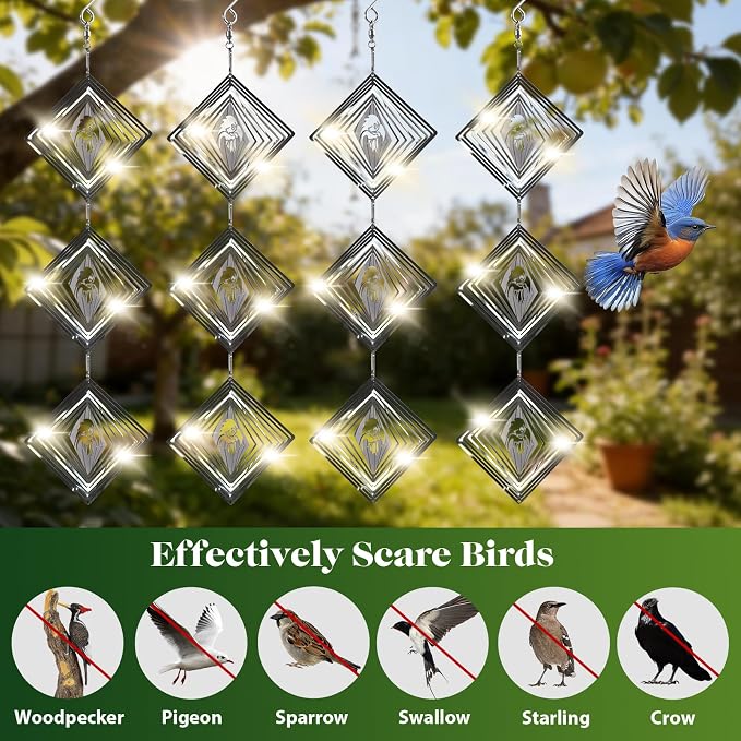 CHONOVO Bird Deterrents for Outside, 12 Discs 4 Set Reflective Eagle Wind Spinners, 3D Bird Scare Devices to Keep Woodpecker Pigeon Away, Outdoor Hanging Bird Reflectors for Patio, Roof, Garden, Yard