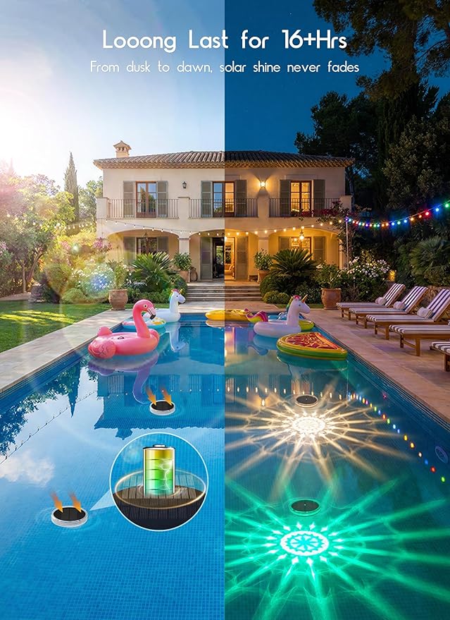 Floating Solar Pool Lights 4 Pack, RGBWW 12 Lighting Modes, 3 Dimming & Timing IP68 Waterproof with Remote Control, Solar Floating Pool Lights for Above Ground Pools Inground Pools Accessories Bathtub