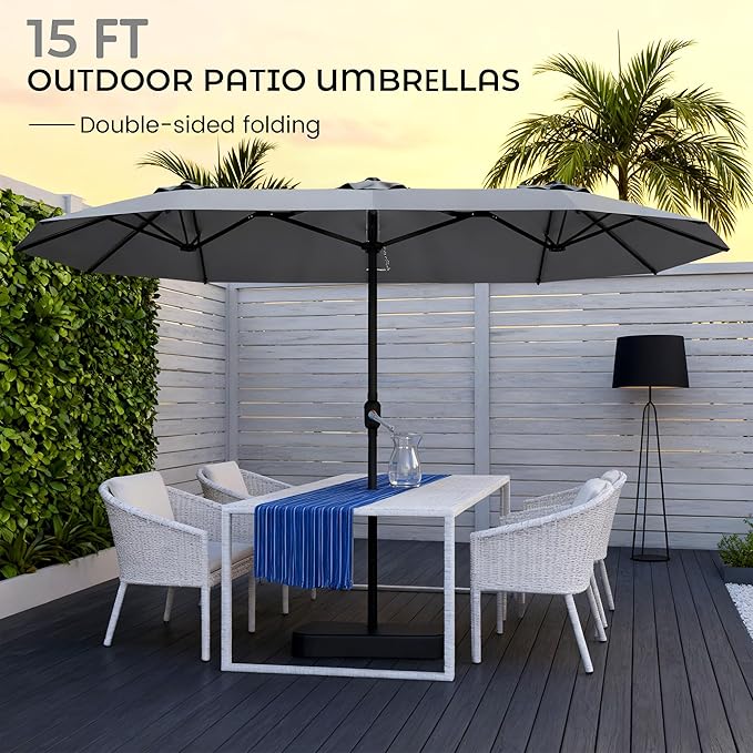 DomeShade 15ft Patio Umbrella with Base,Large Outdoor Double-Sided Rectangle Umbrella with Crank Handle, Market Umbrella for Poolside Garden Deck Backyard Beach Pools, Gray