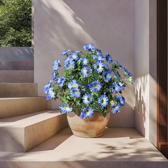 Blue Artificial Morning Glory Flowers for Outdoor Planters, Premium UV Resistant Silk Faux Flowers for Porch, Hanging Basket & Window Box, Lifelike Floral Arrangement, No Pot 13.3“ 4 Bundles