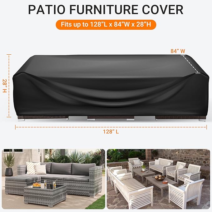 WLEAFJ Patio Furniture Covers Rectangle, Outdoor Table Covers Waterproof, Heavy Duty Outdoor Furniture Cover, Patio Sectional Set Cover 128"L x 84"W x 28"H, Black