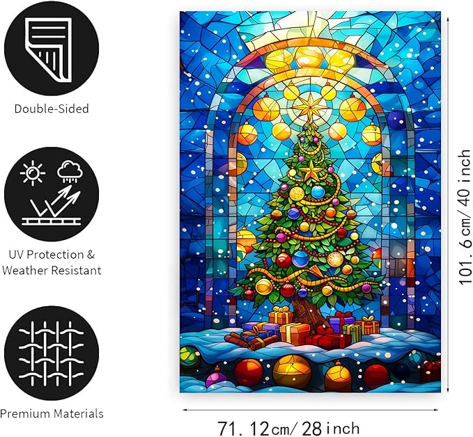 Stained Glass Christmas Tree Garden Flag Merry Xmas House Flags 28x40 Double Sided Welcome New Year Outdoor Flag Happy Holidays Flag Large Winter Yard Flag for Outside Lawn Decor
