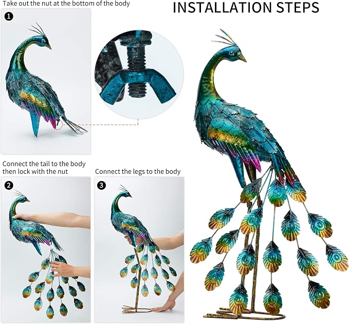 Kircust Metal Peacock Staues for Outdoor Garden | Yard Art Sculptures, Weather-Resistant, Hand-Painted, 30.7"H, For Backyard, Patio, Porch