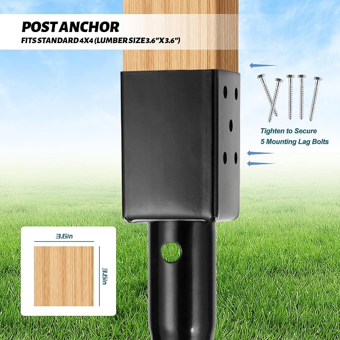 No Dig Ground Screw Anchor - Black Post Stake for 4x4 Wood Posts, Includes Lag Bolts & 27" Rebar, for Mailbox Posts and Fence Posts Anchor, 1 Pack