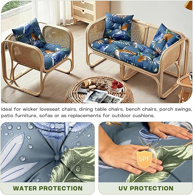Wicker Chair Cushions Set, 2 U-Shaped Cushions & 1 Loveseat, Waterproof Outdoor Loveseat Cushion for Patio Furniture, Settee Bench Pad All Weather,BlueLeaf