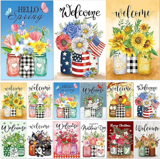 Seasonal Garden Flags Set of 12 Double Sided 12 x 18 Inch Glass Bottles Theme Yard Flags, Small Flags for Outside, Spring Easter 4th of July Outdoor Flags, Holiday Garden Flags for All Seasons