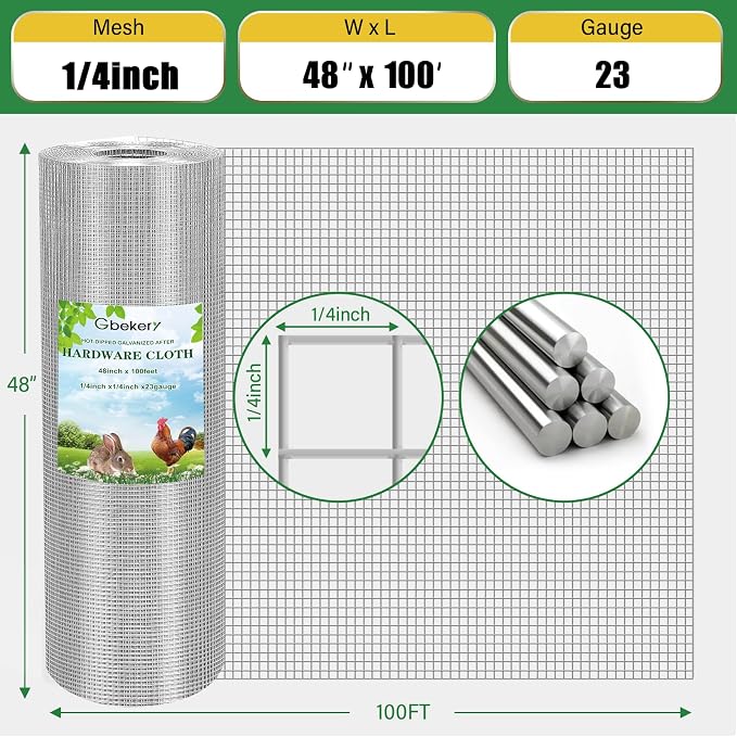 Gbekery Hardware Cloth 1/4 inch 48in x 100ft 23 Gauge, Hot-dip Galvanized After Welding Chicken Wire Fence Roll Garden Plant Welded Metal Wire Fencing Roll, Rabbit Cages Snake Fence