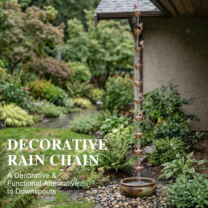Topadorn Hummingbird Rain Chain, 7.85 ft Decorative Metal Gutter Chain with 12 Cups, Weatherproof Water Diverter for Outdoor Garden