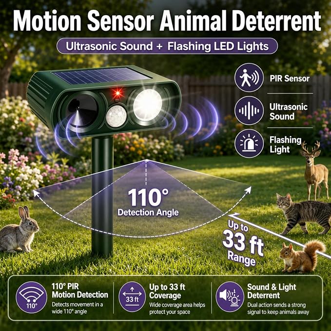 2 Pcs Upgraded Solar Animal Repellent Ultrasonic Outdoor for Cat Squirrel Racoon Rabbit Fox,Sonic Deer Repellent Devices Waterproof Flashing Light Motion Sensor Animal Repeller Deterrent for Garden