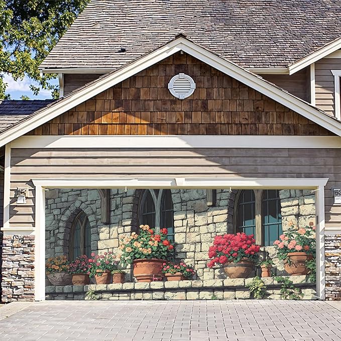 7 * 16FT Summer Garage Door Cover Decorations Sunset Palm Trees Garage Door Banner for Outdoor Indoor Summer Party Photography Backdrop (Flower pot-window, 6 * 13 ft)