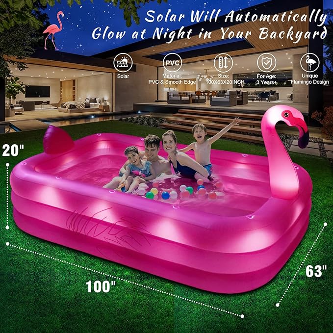 Inflatable Pool with Lights, Solar Flamingo Swimming Pool for Kids,Adults Inflatable Blow up Pool, Large Kiddie Pool,Durable Thickened Kids Pool for Backyard,Outdoor,100"X63"X20"-Bright Pink