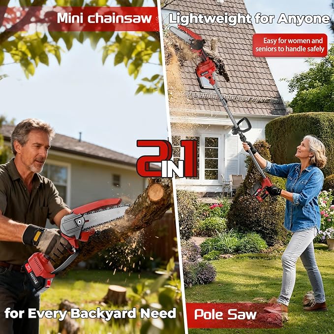 2-in-1 Cordless Pole Saw & Mini Chainsaw, 6-Inch | Battery Powered Tree Trimmer, 4.4ft Extension Pole, 2 Batteries, Safe High Branch Pruning, For Homeowners
