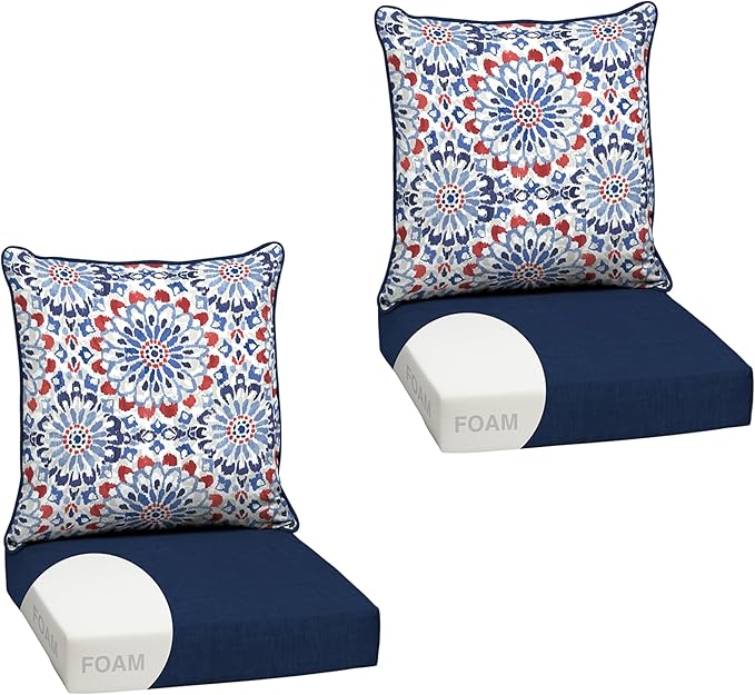 Arden Outdoor Foam Deep Seat Cushion Set (2-Pack), 24x24, Premium High-Density Foam, Never Flattens, Weather-Proof for Patio Chair Sofa Couch, Clark Blue