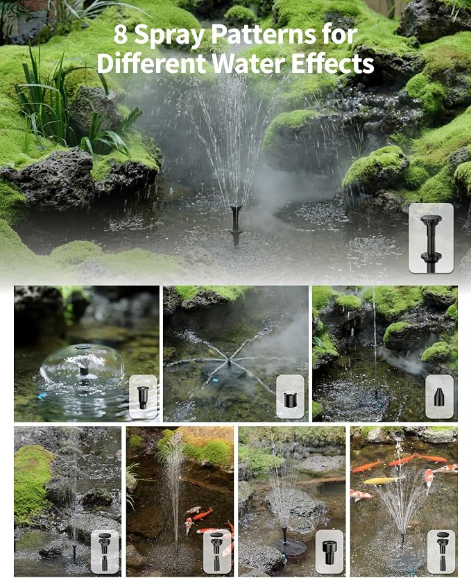 POPOSOAP Solar Pond Filter with Fountain Pump Built-in Battery Backup | 8W Solar Pond Pump with 8 Nozzles & 5Ft PVC Tubing, Dry-Run Protection for Outdoor Ponds Bird Baths DIY Water Feature