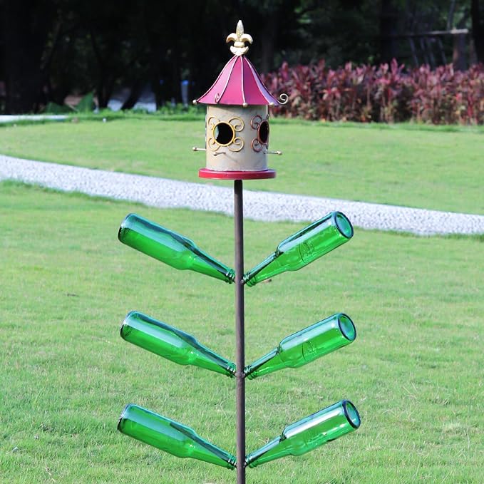 59" H Bird House Bottle Tree for Outdoor Garden, Rust-Proof Metal Bottle Tree Stand, Garden Decorative Bottle Stand