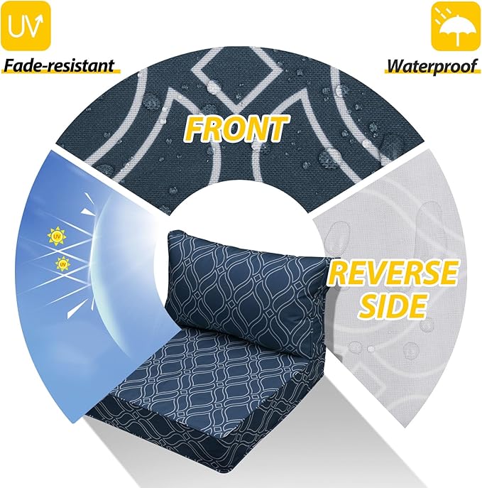 AAAAAcessories Outdoor Seat Cushions for Chairs, Fade-Resistant, Waterproof Patio Furniture Replacement Cushions, 23" x 23" x 5" + 23" x 13.5", Slate Blue Vine Trellis