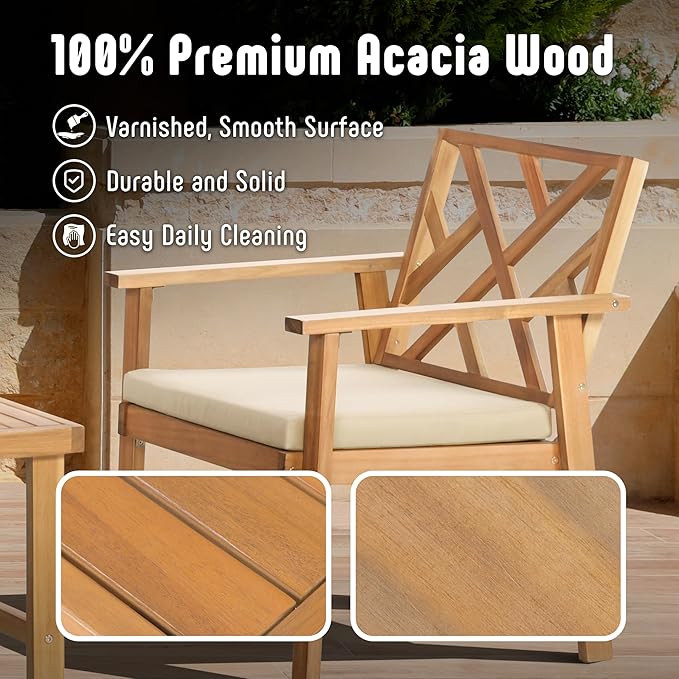 Werph Outdoor Patio Furniture Set, 4 Piece Patio Sofa Bench and 2 Single Sofa Chairs with Table & Padded Cushions, Acacia Wood Outdoor Patio Lounge Conversation Set for Deck Backyard Balcony