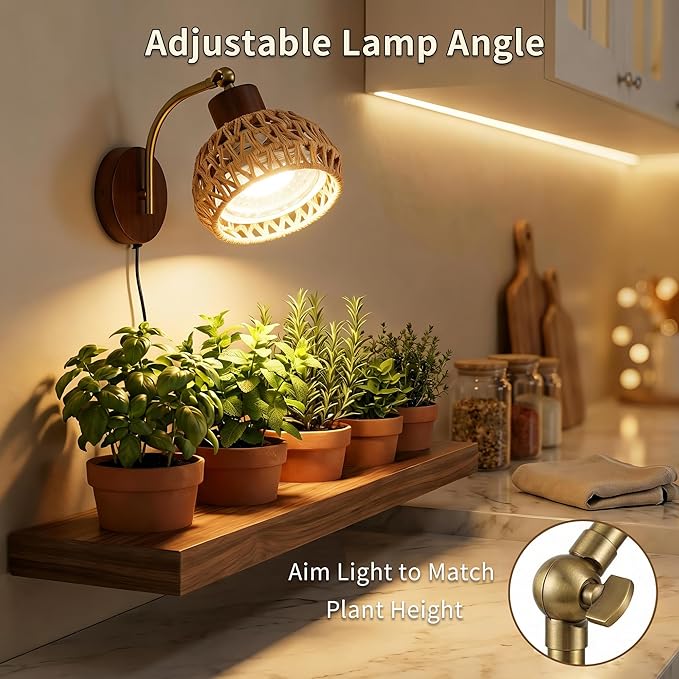 Hanging Grow Lights for Indoor Plants, Auto Cycle Timer, 18W Full Spectrum Wall Mounted Grow Light, Boho Rattan Lantern Shade, Adjustable Head, 16 FT Power Cord for Indoor Plant Growing, Flowers