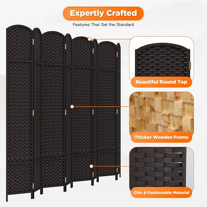 Room Divider 8 Panel Screen 5.6 Ft Tall Partition Room Dividers Brown Privacy Screens Folding Room Separation Free Standing Waterproof Wood Frame Wall Divider