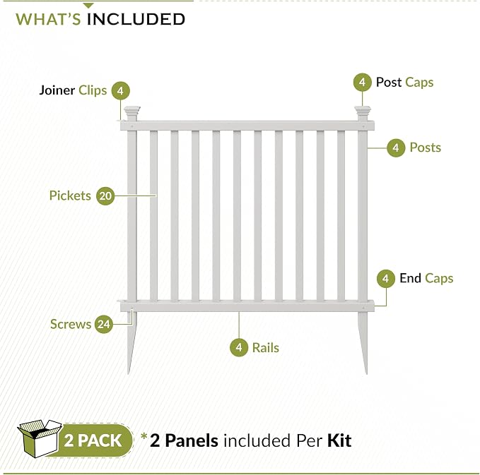 3ft H x 3.5ft W (2 Panels) No Dig Zippity Baskenridge Fence Panel Kit, Vinyl Section, White Vinyl Fence for Yard, Temporary Barrier for Backyard, White Picket Garden Border, DIY ZP19037