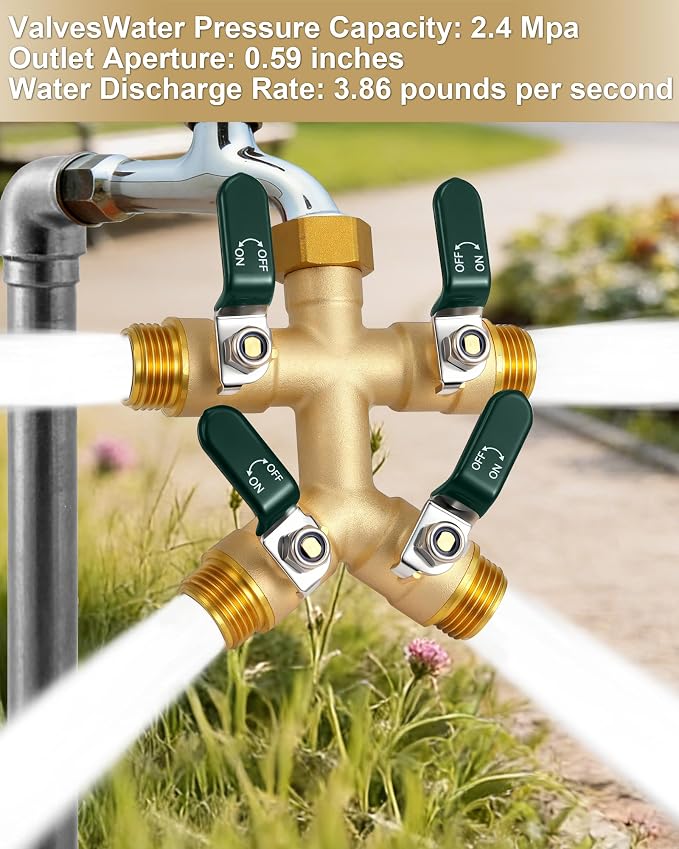 EBH Garden Hose Splitter 4 Way, Heavy Duty Solid Brass Hose Splitter with Shutoff Valves, Water Spigot Splitter With 304 Stainless Steel Handle, Full Flow Outdoor Faucet Splitter, 3/4" GHT Thread