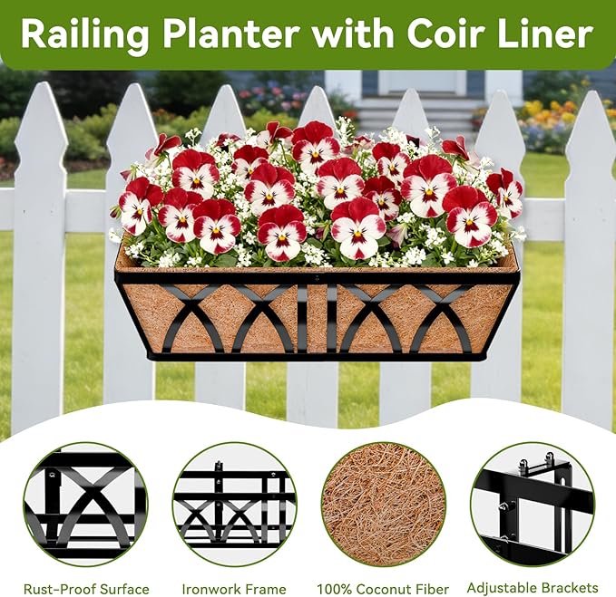 Halatool 24 Inch Heavy-Duty Metal Deck Railing Planter Box, 2 Pack Rust-Resistant Rectangular Window Boxes Planters with Coco Liner & Adjustable Brackets, Grow More On Your Balcony, Patio & Fence