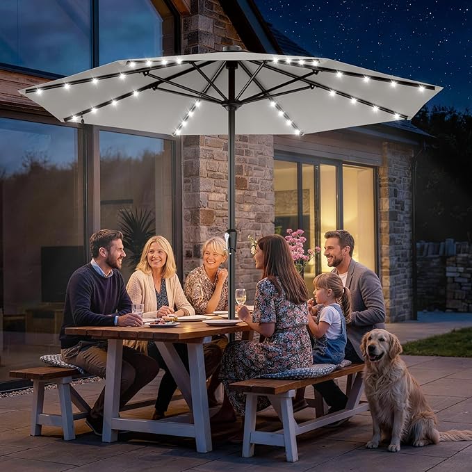 AreShark 11FT Large Patio Umbrella with Solar Lights, Lighted Solar Umbrella with Crank, Outdoor Table Market Umbrellas for Garden, Deck, Backyard, Pool and Beach, Light Gray