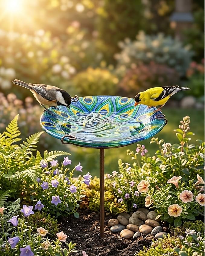 Peacock Bird Bath for Outside Glass Birdbath Bowl & Birdfeeder with Metal Stake for Garden, Yards Lawn Patio, Bird Lovers Gift 10.5" D