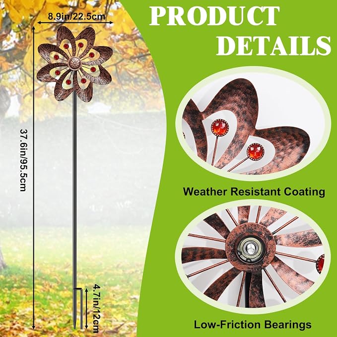 2PC Metal Wind Spinners Outdoor, 360° Wind Sculpture Spinner with Metal Stake, Waterproof Spinners Green Kinetic Wind Spinner for Yard Lawn Decor (A- Vintage Copper)