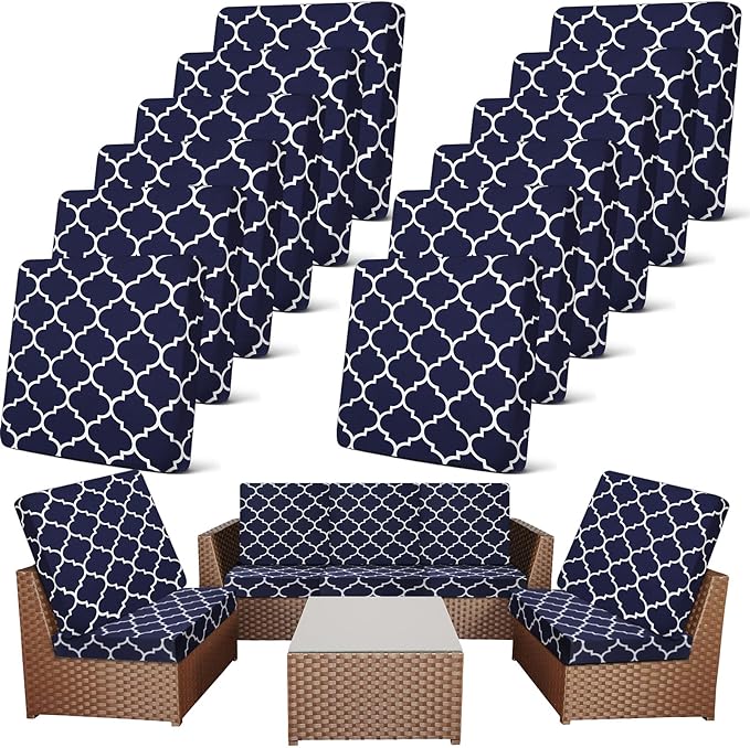 Newwiee 12 Pcs Patio Cushion Covers Outdoor Stretch Sofa Couch Cover Replacement Couch Slipcover Sofa Seat Chair Porch Patio Furniture Protector, Flexibility Washable(Navy Blue,Moroccan)