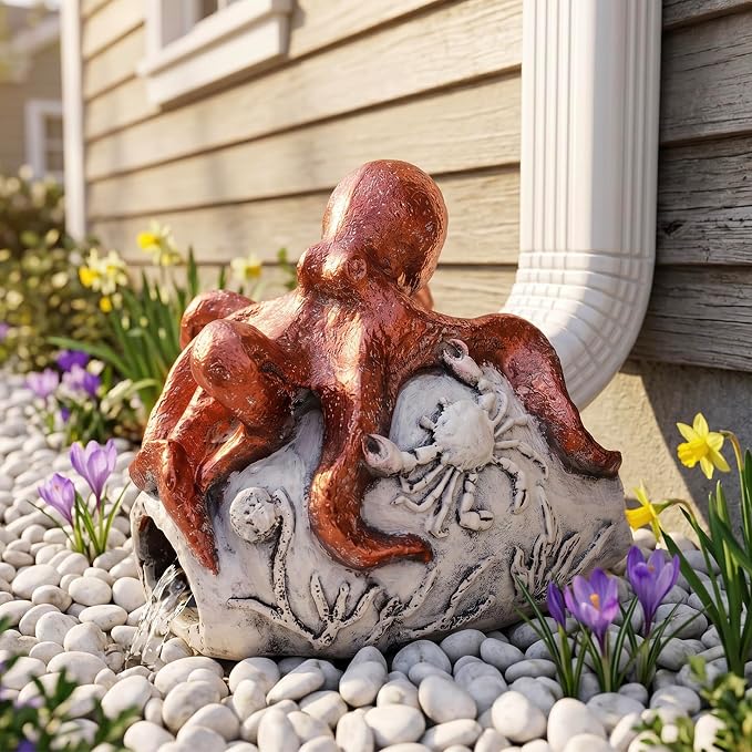 Teaeeno Octopus Downspout Extender Statue - Outdoor Garden Decor, Drain Pipe Cover with Crab & Coral Design - Durable Resin for US Lawns, Patios, and Yards (Red)