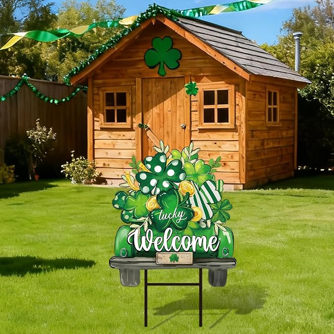 JarThenaAMCS St. Patrick' s Day Metal Garden Stake Welcome Yard Sign Green Shamrock Clover Truck Decorative Lawn Sign for Irish Holiday Home Outside Lawn Porch Walkway Pathway
