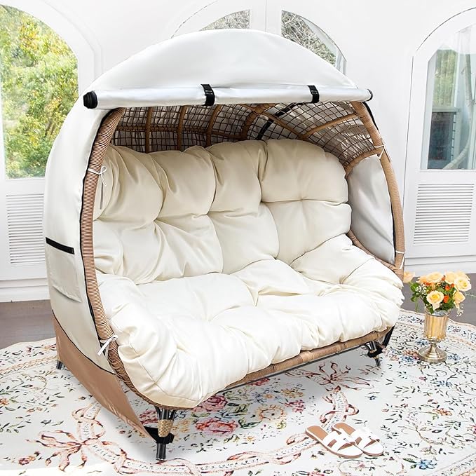 okcool Outdoor Egg Chair Cover,Double Egg Chair Cover for 2 Person Egg Loveseat Chair (Beige & Brown,Fits 35.4" D x 57.1" W x 56.3" H Egg Chair) ﻿