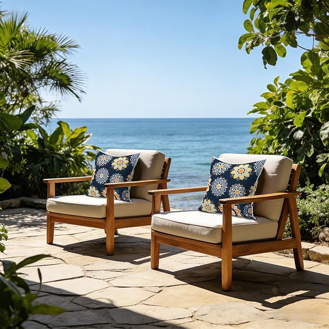 LVTXIII Outdoor Throw Pillows 18x18 Patio Waterproof Square Pillows with Piping Fade Resistant Accent Pillow for Spring Summer Garden Decoration, Set of 2, Bloom Medallion‌ Cobalt