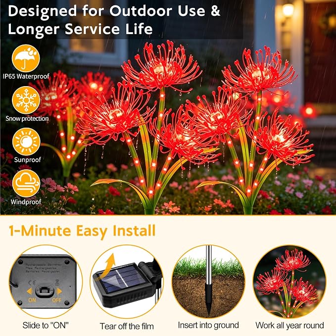 VOOKRY Solar Lights Outdoor, 4 Pack Red Spider Lily Garden Flower Lights | 3Heads per Stem& Individual Solar Panels, Warm White LED Waterproof Yard Lawn Pathway Decor,Decorative Garden Gifts for Women