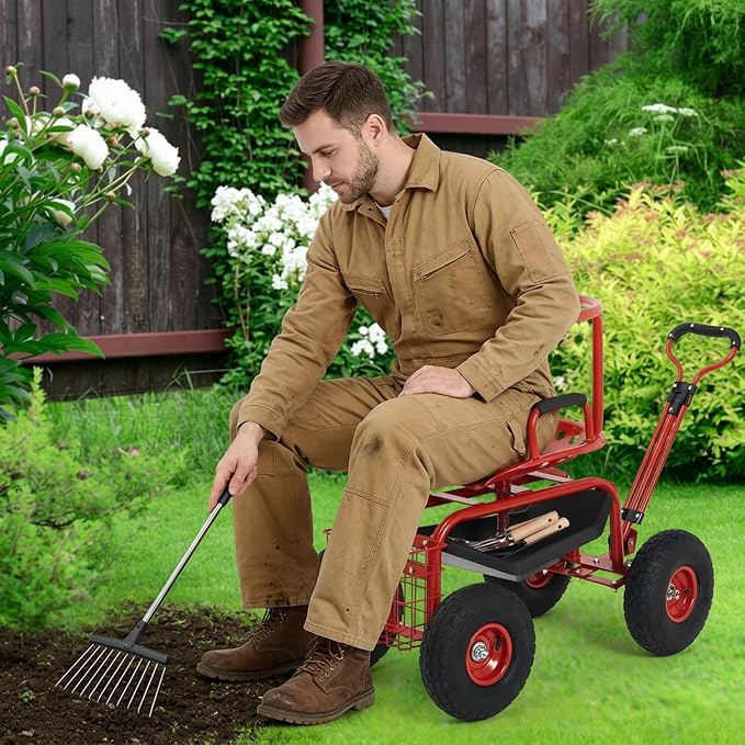 Rolling Garden Work Seat with Wheels, 300lbs Heavy Duty Garden Cart, 360° Swivel Adjustable Height Rolling Stool, Extendable Handle, Storage Basket & Tray for Gardening, Lawn Care, Adults & Seniors