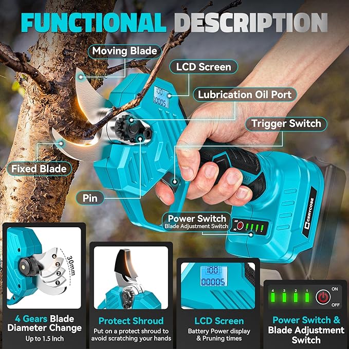 Cerycose Electric Pruning Shears Compatible with Makita 18v Battery, 0.8-2 Inch Max Cutting Diameter Electric Pruner with LCD Display & Imported SK7 Steel Blades for Gardening Tree Pruning(No Battery)