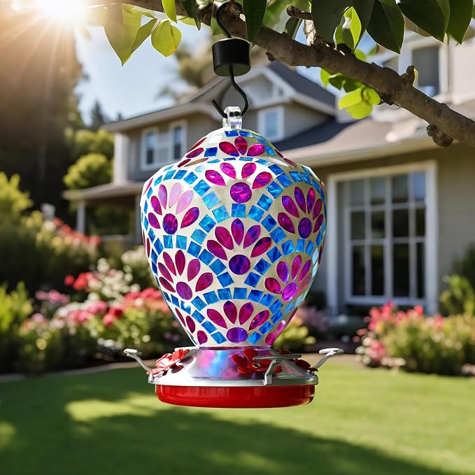 VOREEN Glass Mosaic Hummingbird Feeders, 34OZ with Ant Moat & 4 Feeding Ports, Hand Blown Glass Outdoor Hanging Bird Feeder, Porch Garden Backyard Decor, Gift for Mom Wife Friend, Purple Flower Design