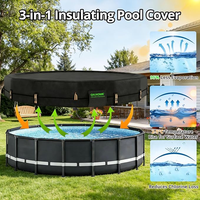 QH.HOME 550D 8Ft Round Stock Tank Pool Cover [Upgraded Tear Resistant & Threefold Windproor] wth Pre-Installed Patented Winch, Solar Cover for Above Ground Pool-Snug Fit & Waterproof Protection