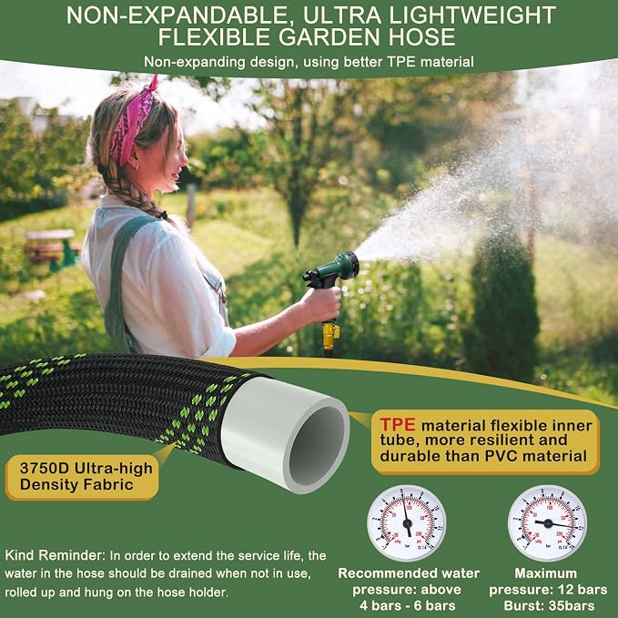 Garden Hose 100 ft, Non-Expandable Flexible Water Hose with 10 Function Spray Nozzle, Lightweight, Leak Proof, Kink-Free, Portable Hose for Outdoor, Yard, Lawn, High-Density Fabric, Black Green