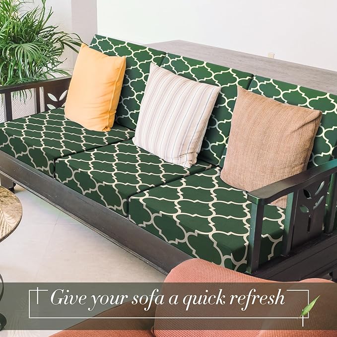 Newwiee 4 Pcs Waterproof Outdoor Cushion Covers for Patio Furniture Stretch Outdoor Couch Cushion Covers Replacement Moroccan Pattern Chair Seat Sofa Slipcovers Soft Flexibility Protector(Dark Green)