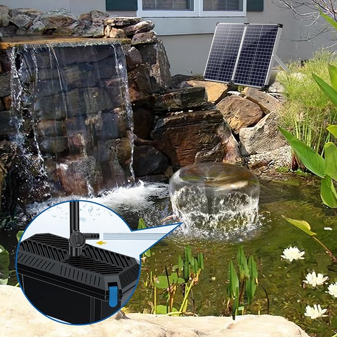 Antfraer 70W Solar Pond Pump with Filter Kit, 27FT Cord Foldable Monocrystalline Solar Panel, 3-Stage Pond Filter for Outdoor Ponds, Koi Ponds, Waterfalls & DIY Water Features