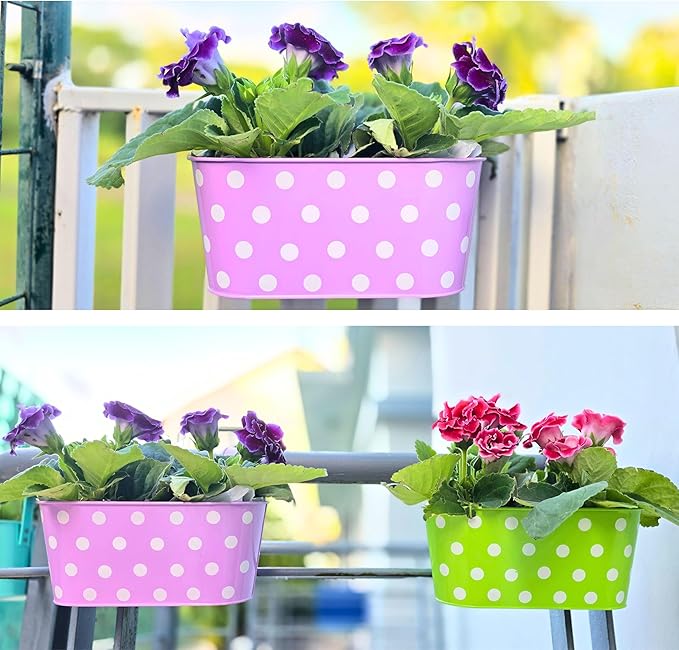 LaLaGreen Rail Planter Outdoor Plants (17 Inch, 6 Pack) Large Colorful Metal Iron Hanging Flower Pot Deck Railing Fence Buckets Countryside Style Window Plant Holder Hooks Porch Decor