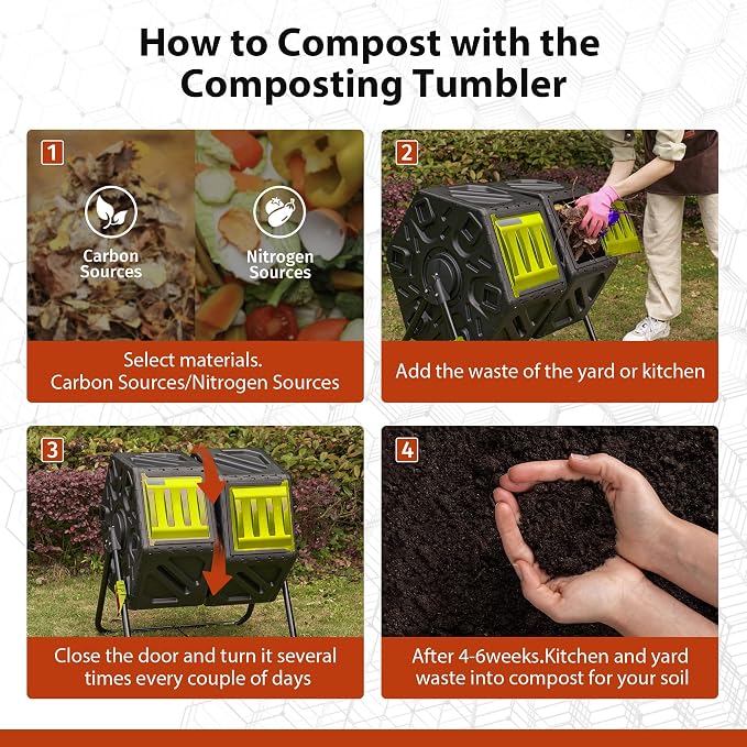 Compost Bin Outdoor, 2 Separate Tumbling Chambers, 37Gal Lagre Compost Tumbler with Sliding Door and Aeration System, 360° Rotating, Tumbling Composter Bin for Kitchen, Garden, Yard, Black Yellow