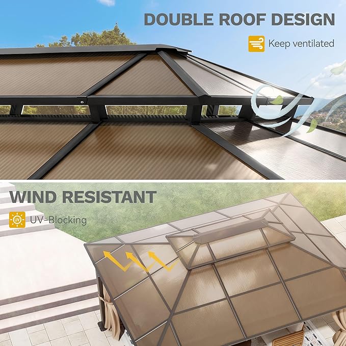 DWVO 10x12ft Hardtop Gazebo Double Roof Polycarbonate Canopy Outdoor with Netting and Shaded Curtains, Aluminum Frame Garden Tent for Patio, Backyard, Deck and Lawns, Brown