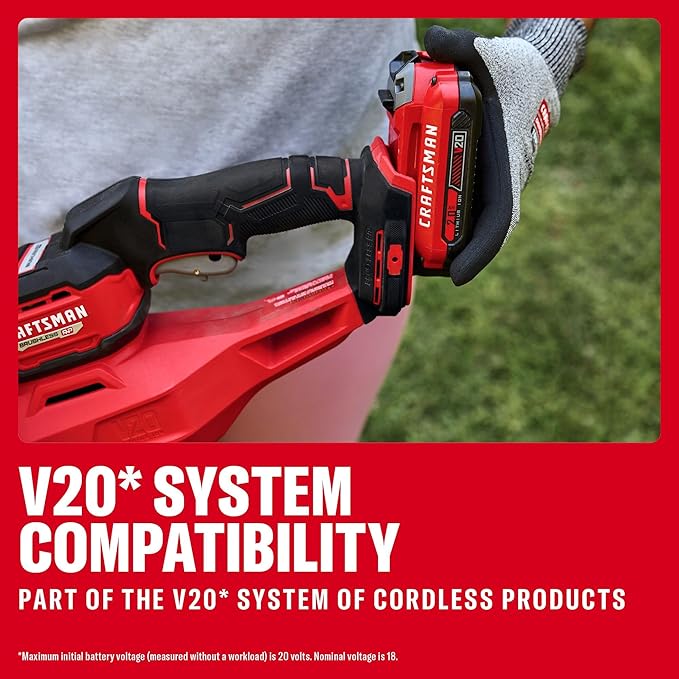 CRAFTSMAN V20 22 in. Hedge Trimmer Cordless with 2Ah Battery and Charger, Lightweight Brushless RP Bush Trimmer with Hedge Sweep Attachment, Longer Runtime, Up to 2X More Power (CMCHT830D1)