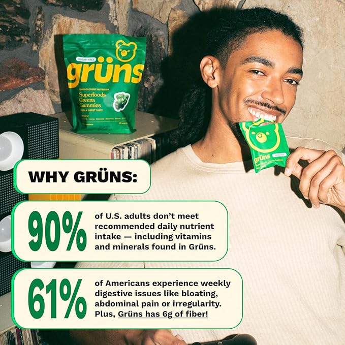 Gruns Adults Super Greens Gummies, Multivitamin Superfood Gummy Bears, Spirulina, Chlorella, Prebiotics & Fiber Gummies for Digestive Health, Adaptogens Supplement, 20 Vitamins & Minerals, 10 Count