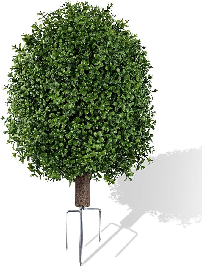 INSPRING Artificial Boxwood Topiary Trees Outdoor Fake Bushes Plants UV Resistant Evergreen Shrubs with Metal Ground Spike for Porch Patio Garden, 1 Pack