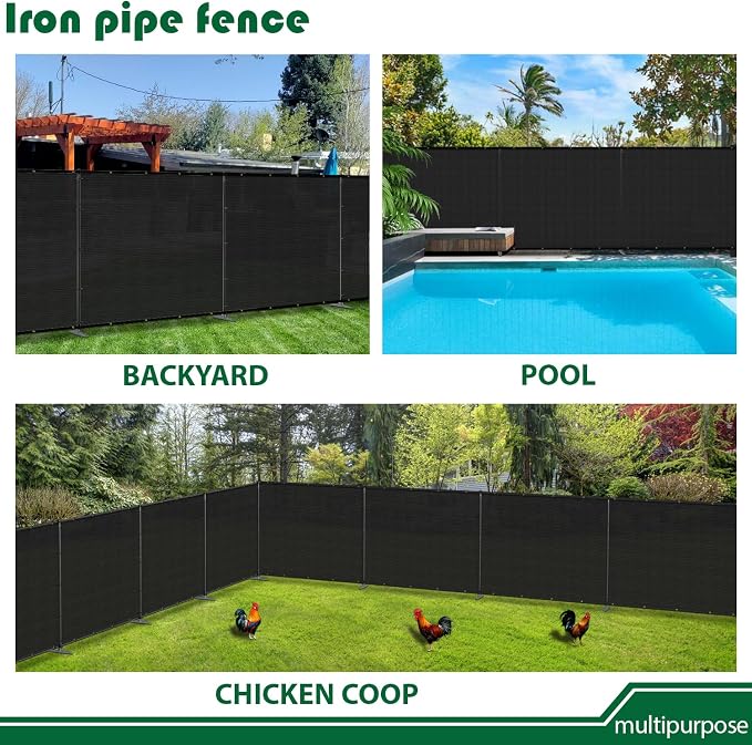 5'Hx61'W Outdoor Freestanding Privacy Screen Fence Panels with Iron Poles, Mesh Shade Net Cover Temporary Fencing for Patio Backyard Garden Deck, Black